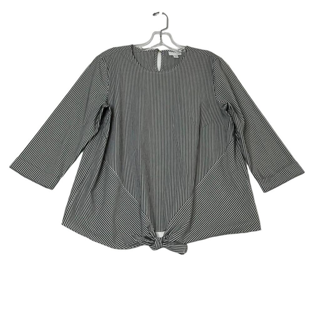 J. Jill 3/4 Sleeve Striped Tie Waist Top Gray White Womens Medium TALL